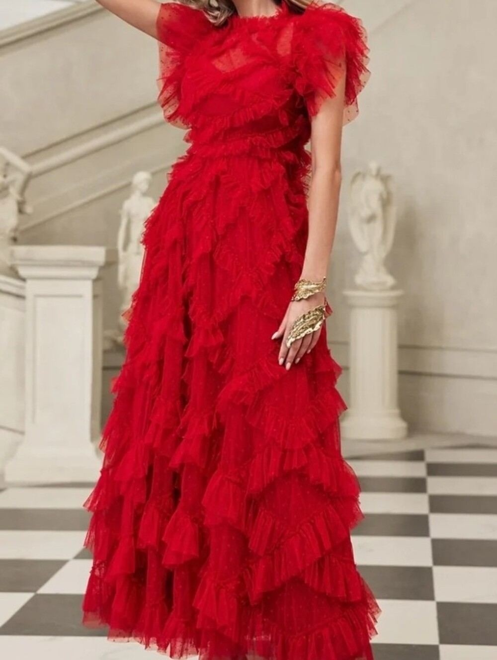 Red Ruffle Lace Maxi Dress SIZE MEDIUM - Picture 6 of 8